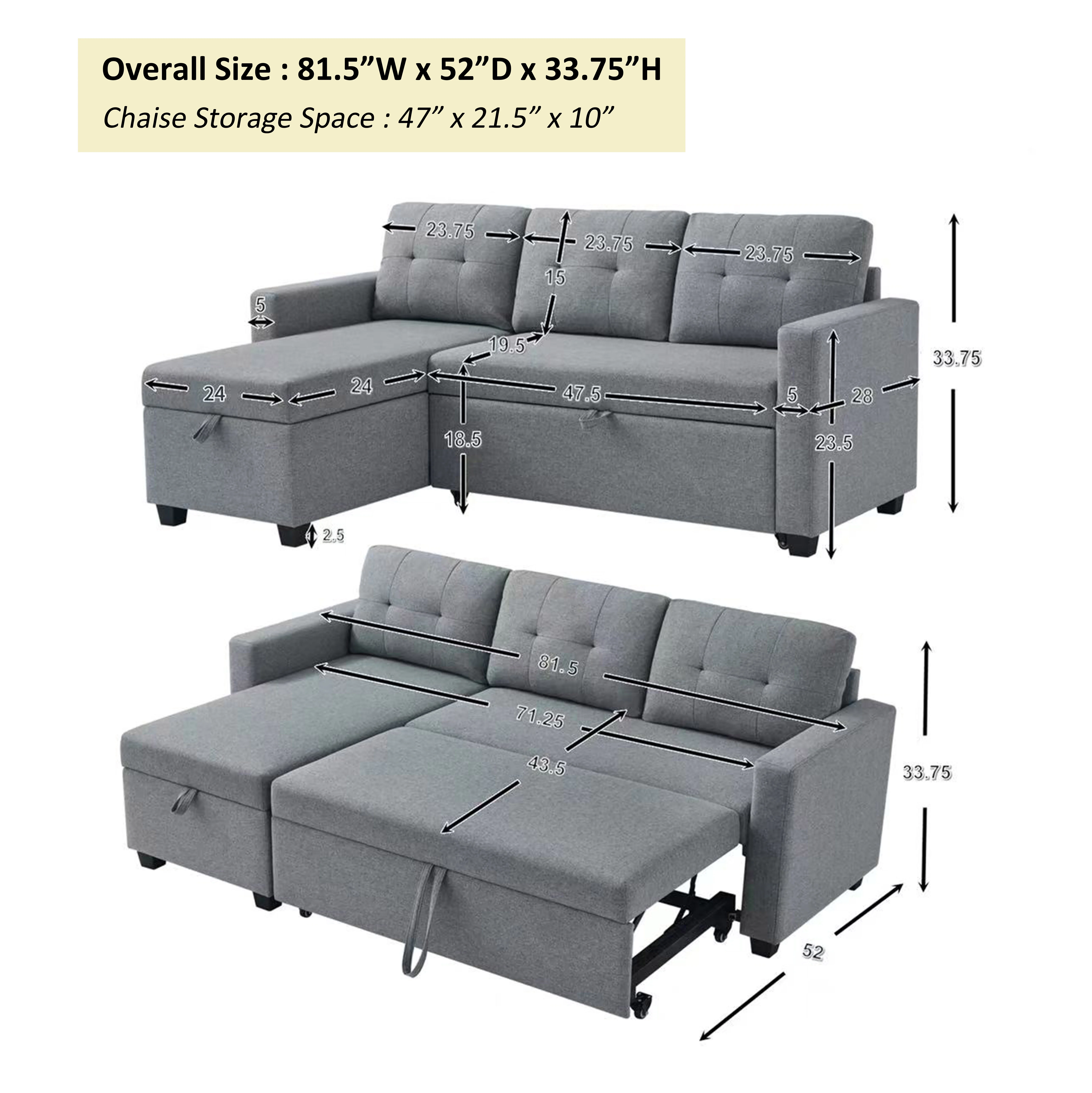Modern Upholstered Sectional Sofa with Reversible Storage Chaise Impressive L-Shaped Twin Bed & 3 Back Cushions Linen Brown Large Convertible Corner