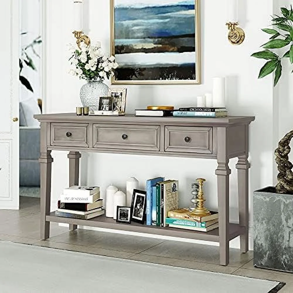KHBIULIFE Small Entryway Console Table with 3 Drawers and Bottom   Farmhouse Entryway Table Sofa Table with Pine Wood Frame and Legs for Living Room (White Antique)