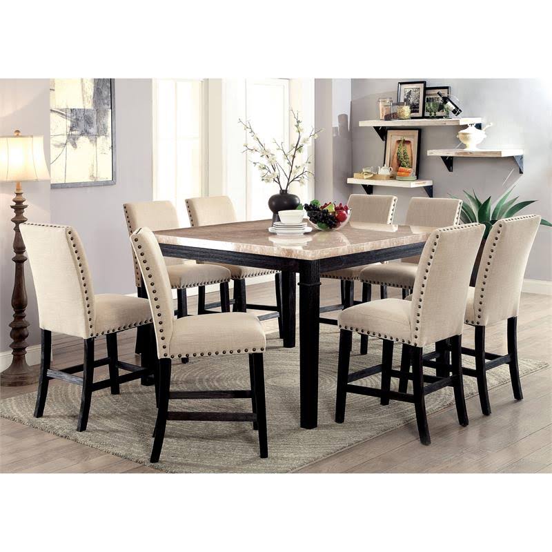 Furniture of America Larns Black Wood Counter Height Table with Faux Marble Top
