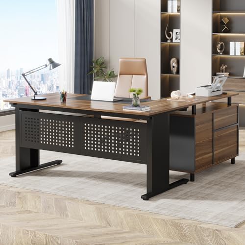 Tribesigns 63 Inch Executive Desk with File Cabinet, Large Office Desk L Shaped Computer Desk with Drawers and Storage Shelves, Business Furniture Desk Workstation for Home Office, Gray and Black