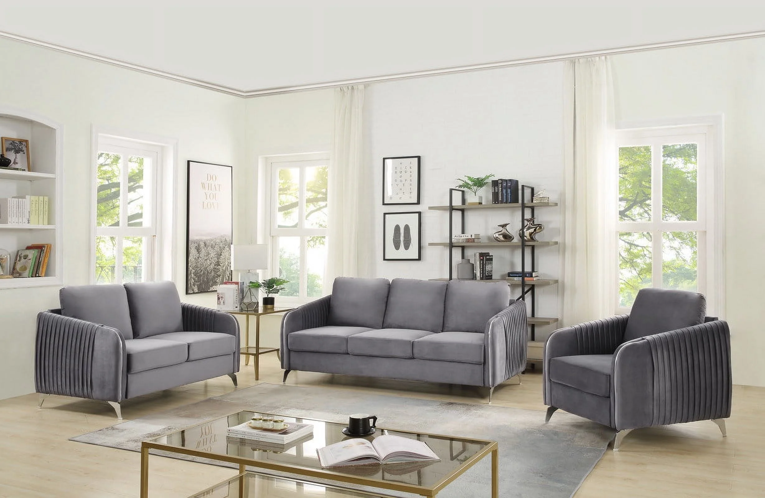 Gray Velvet Living Room Set with Vertical Channel-Quilted Design - Luxurious Modern Style
