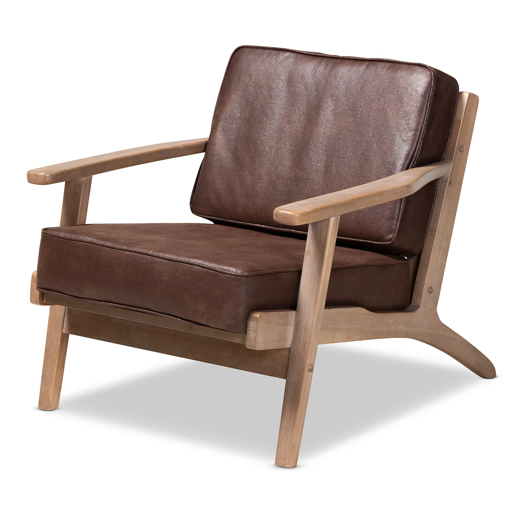 Baxton Studio Sigrid Mid-Century Modern Dark Brown Faux Leather Effect Fabric Upholstered Antique Oak Finished Wood Armchair