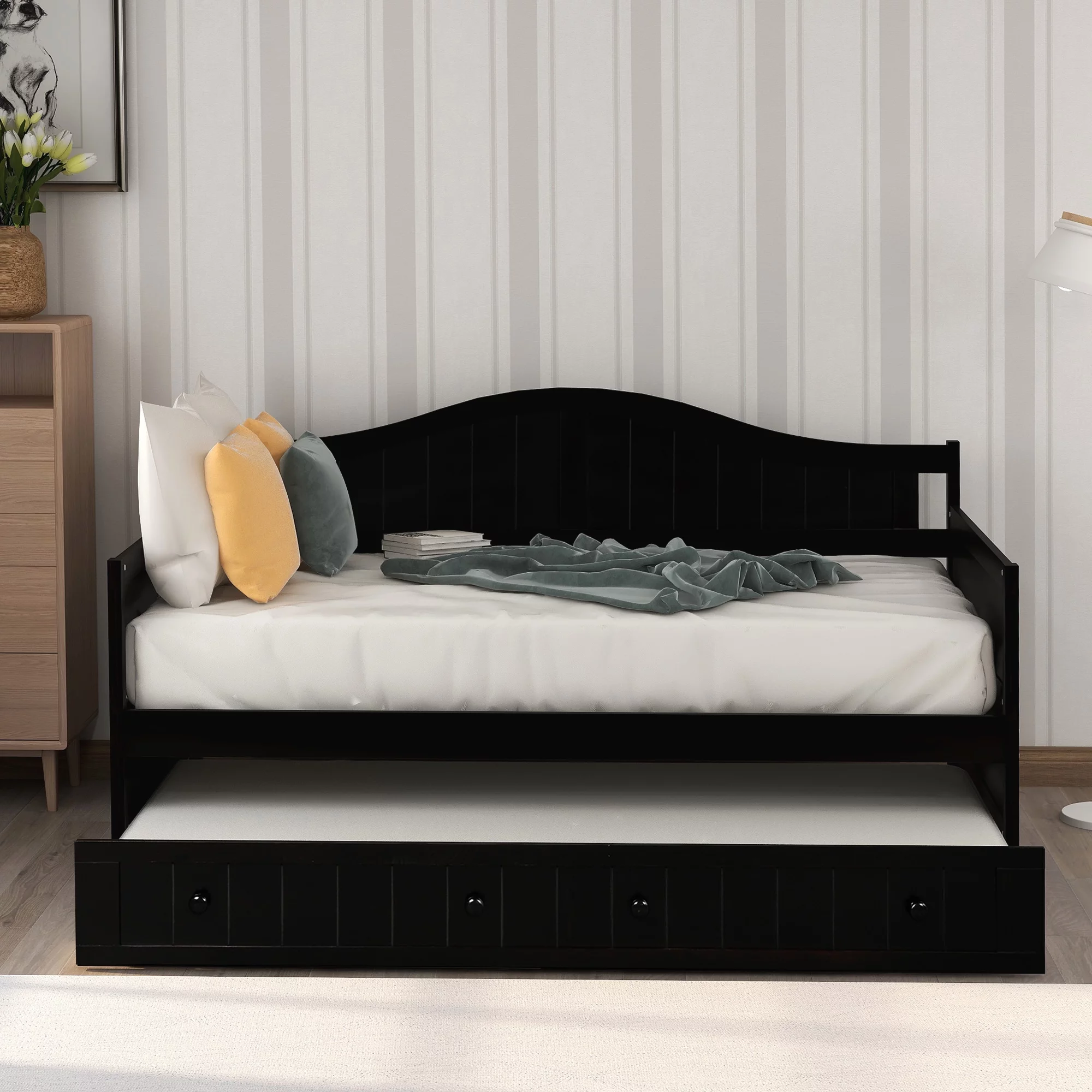 Double Wooden Sofa Bed Slatted Roller Bed Bedroom Living Room Sofa Bed Classic Arched Profile Living Room Guest Room Children's Room (Espresso)
