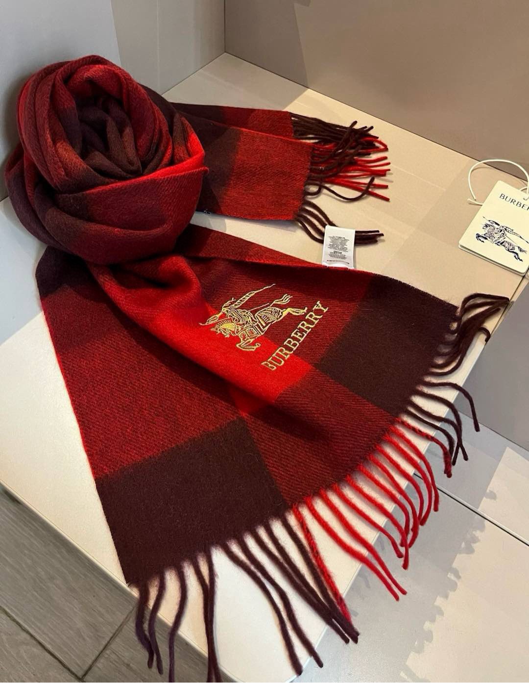 Burberry Cashmere Scarf Checkered Red For Women 180cm