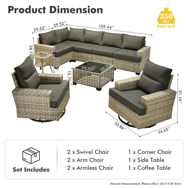OVIOS 9 Pieces T shaped Seat Wide Armrest Swivel Chair Set With SolarPowered Table