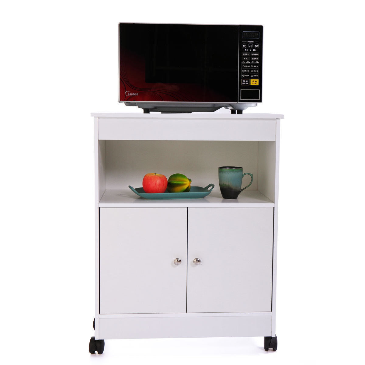 Topcobe Kitchen Cabinet, Kitchen Carts and Islands, Wooden Rolling Kitchen Cart, Modern Large Open Shelf Cabinet Microwave Cart Storage, White