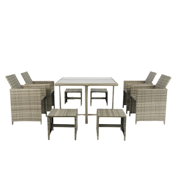 9 Pieces Space Saving Rattan Chairs with Glass Table Sets Cushioned Seating and Back Sectional Conversation Set