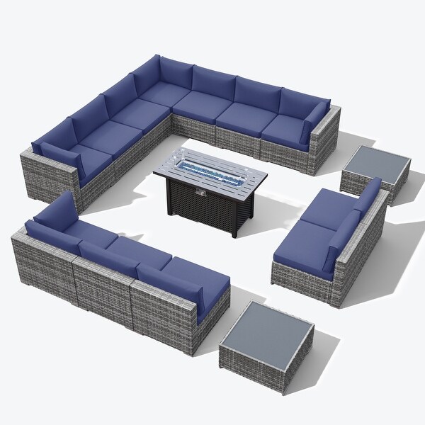 15 Piece Wicker Set Patio Sofa Furniture with Fire Pit And Table