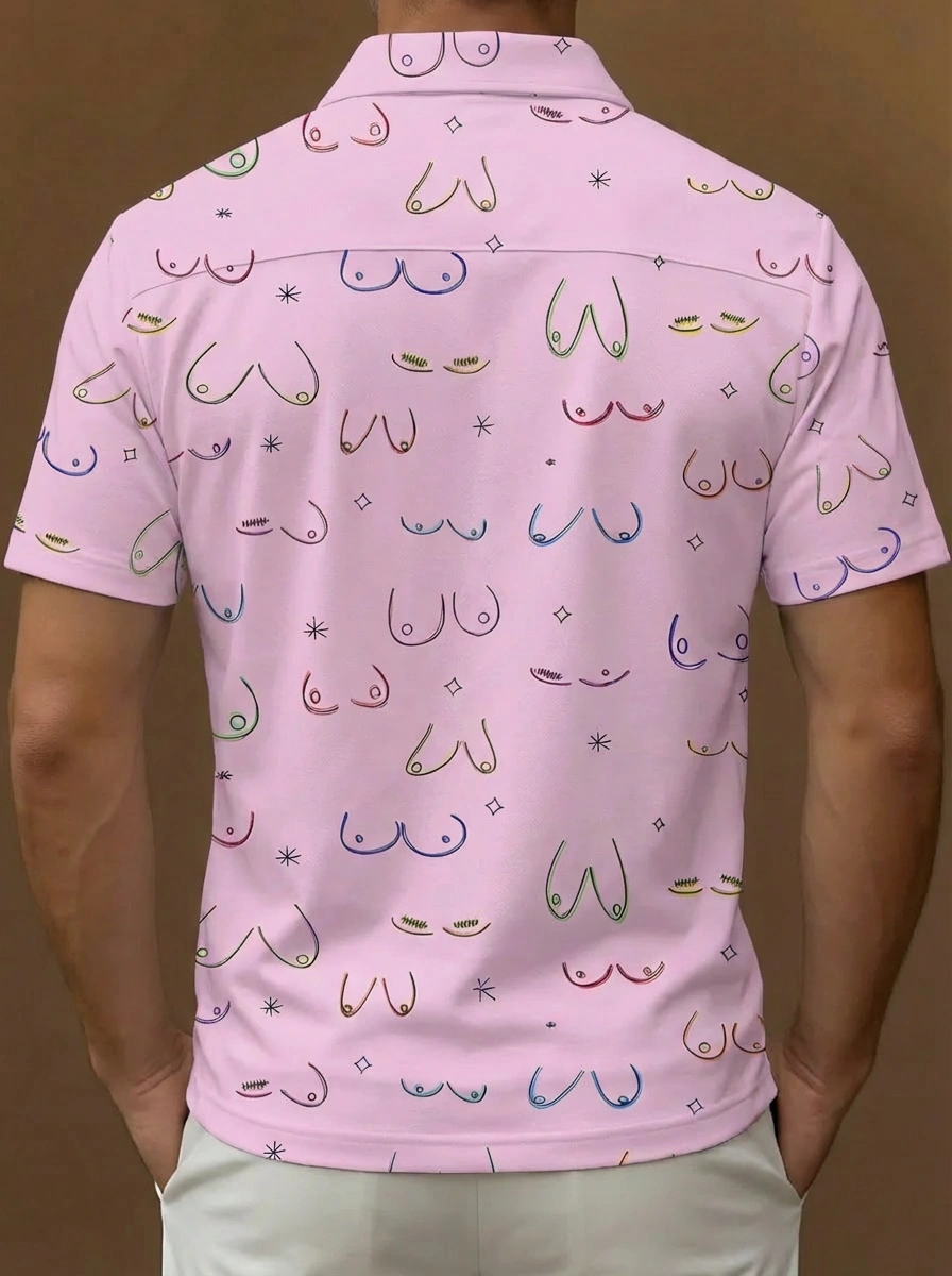 Pink Multicolor Boob Line Art Pattern Button Short Sleeve Golf Polo Shirt