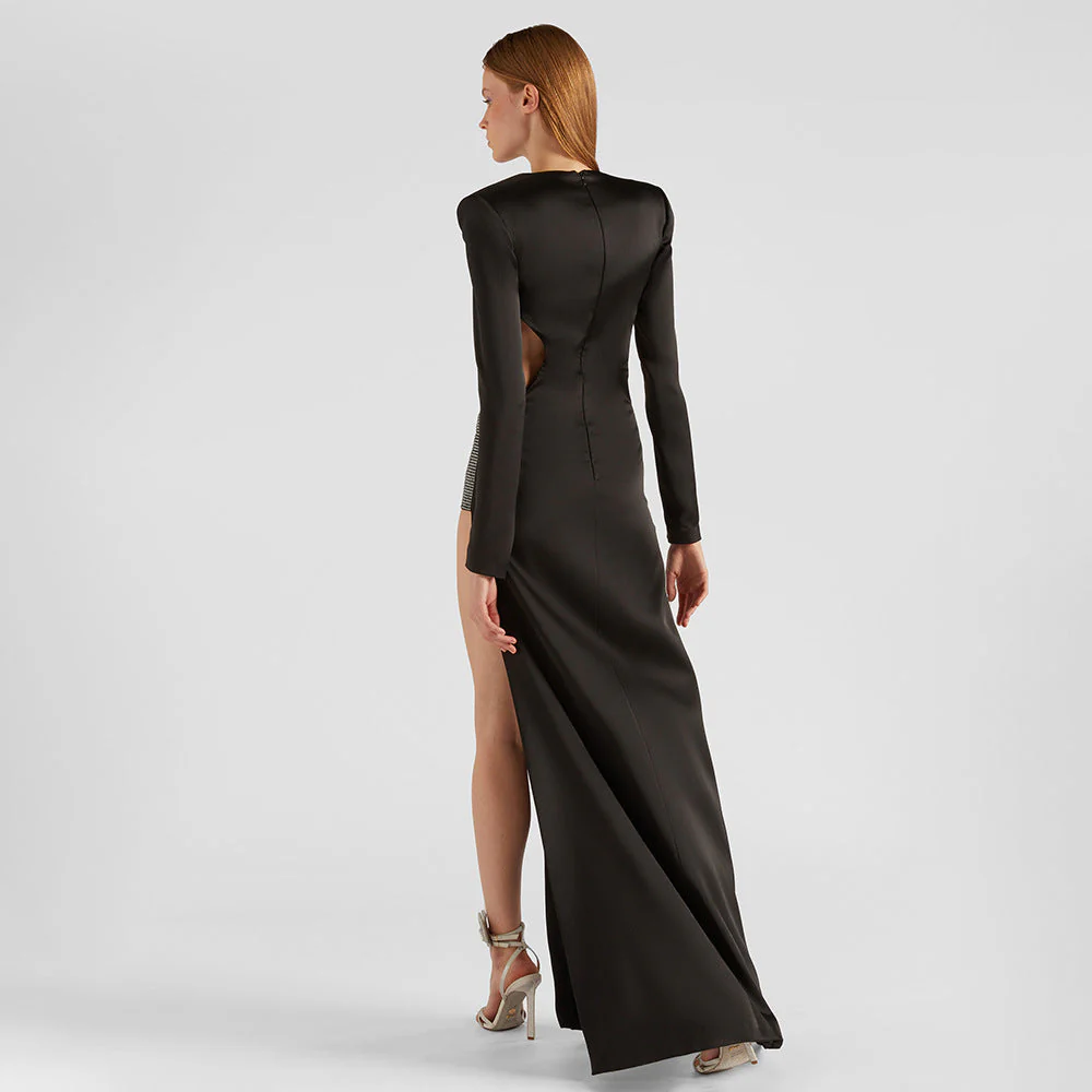 Cut Out Maxi Dress Long Sleeve V Neck SlitClistos