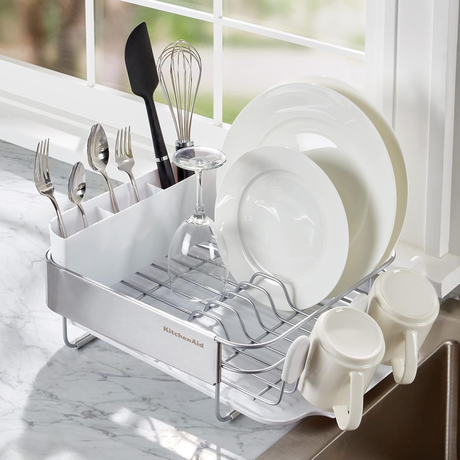 16.06 Inch Compact Stainless Steel Dish Rack Rust Resistant with Drainboard & Flatware Caddy White