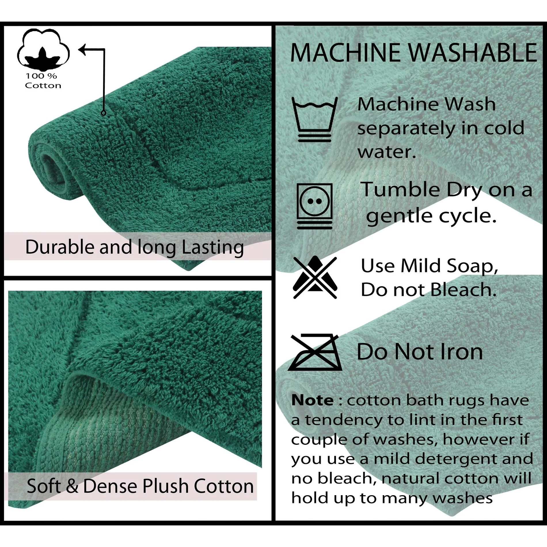 Home Weavers Waterford Collection 100% Cotton Tufted Bath Rug, Soft and Absorbent Bath Rugs, Non-Slip Bath Mats, Machine Washable bath rugs for Bathroom, 5 Piece Set with Contour, Bottle Green Rug