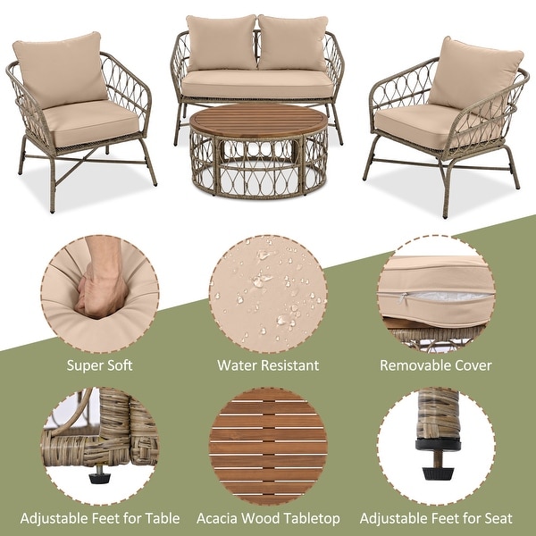 4Piece Wicker Patio Conversation Set with Beige Cushions,With Wood Tabletop