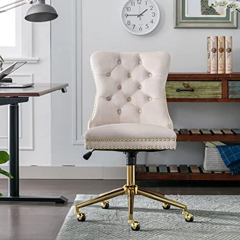 HJZBNONE Chair with Wheels  Armless Home Office Desk Chairs with Button Back and Golden Metal Base  Adjustable Swivel Task Computer Vanity Chair for Living Room  Small Space  Beige
