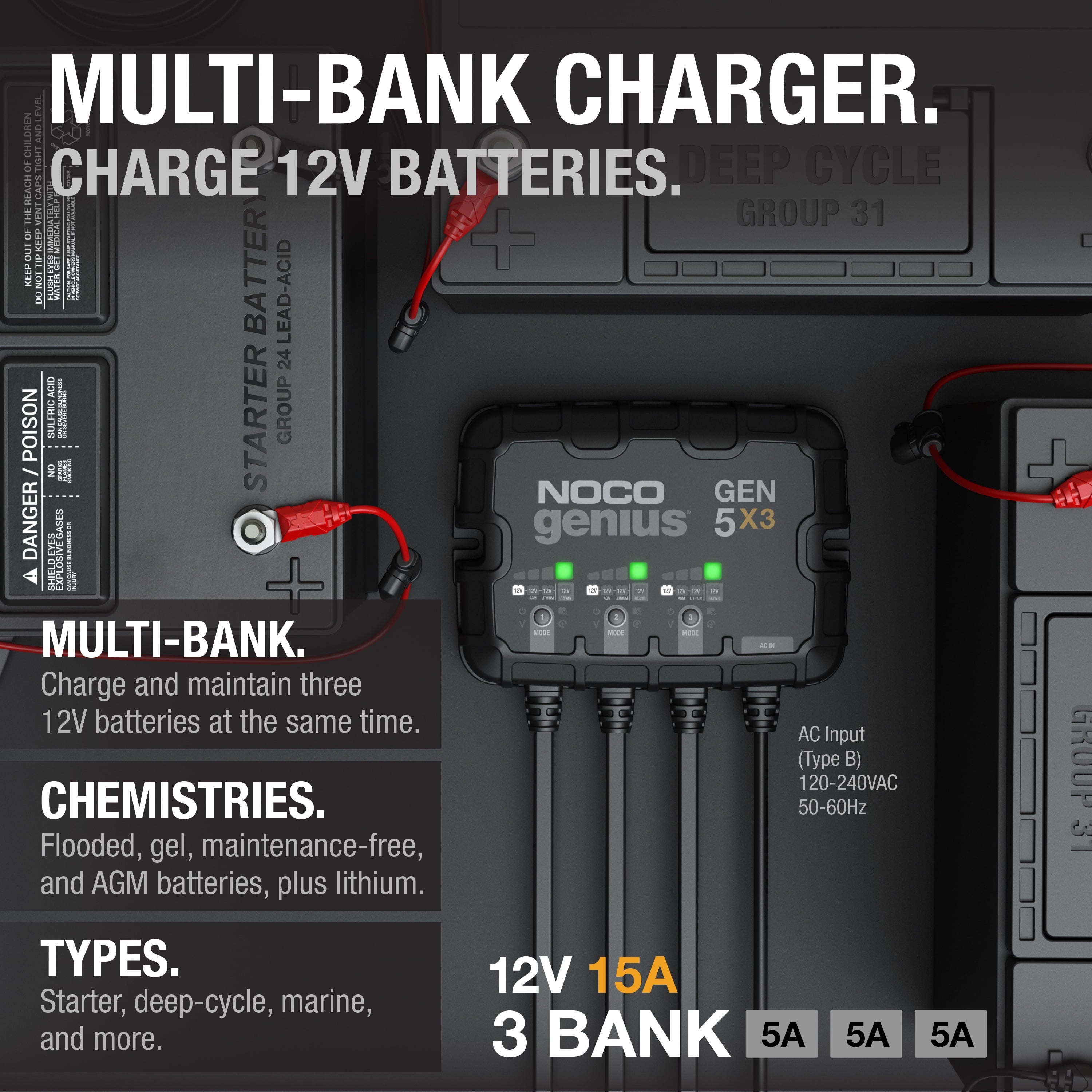 NOCO Genius GEN5X3 3-Bank 15A (5A/Bank) 12V Onboard Battery Charger