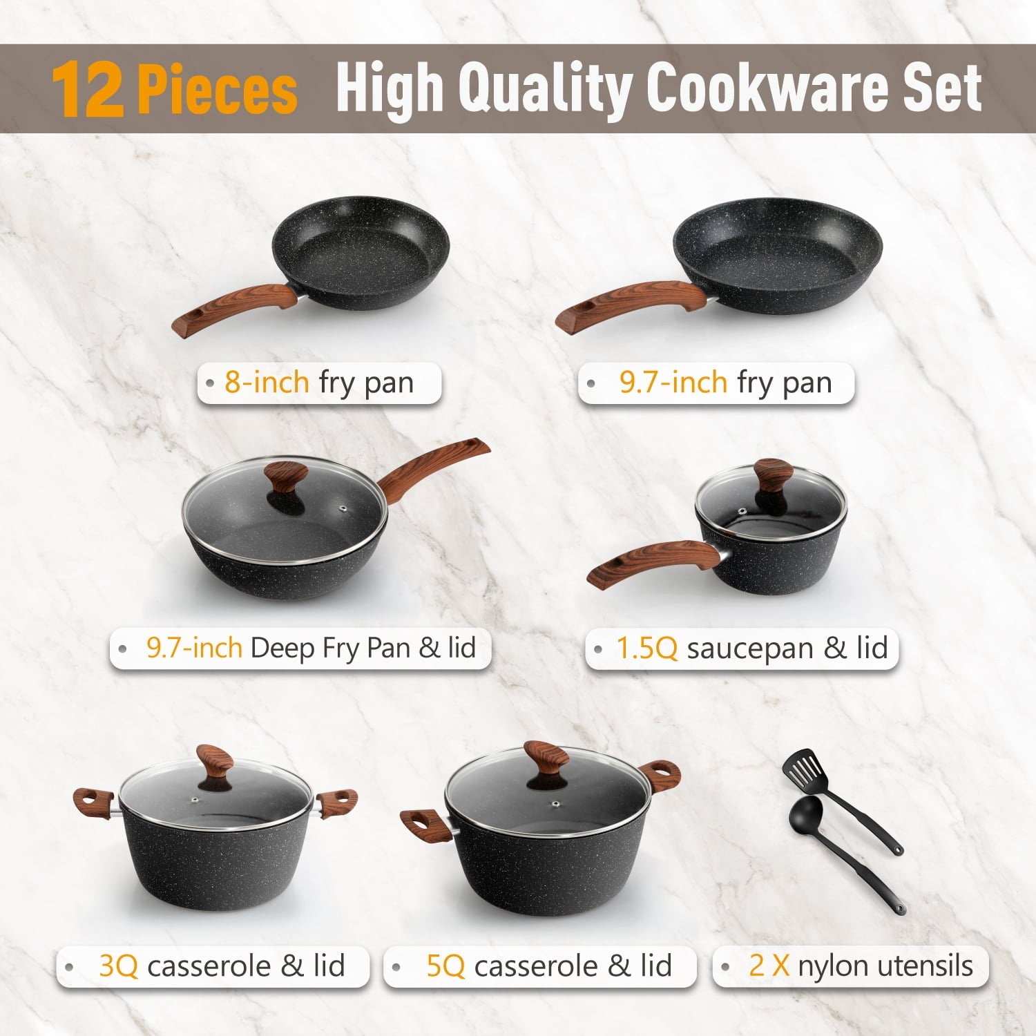 MF Studio 12 Pieces Cookware Set Granite Nonstick Pots and Pans Dishwasher Safe Black