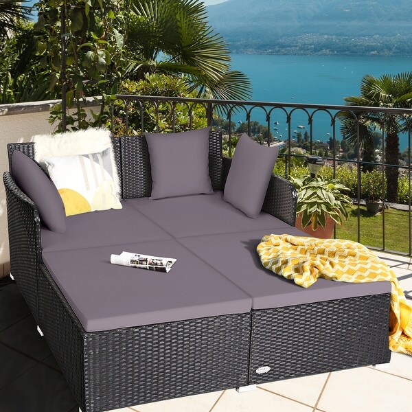 Gymax Rattan Patio Daybed Loveseat Sofa Yard Outdoor w/ Grey Cushions