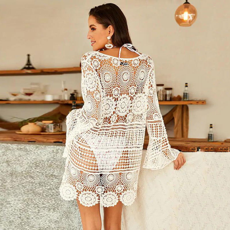 Crochet Bell Sleeve Mini Dress - Beach Cover UpClistos
