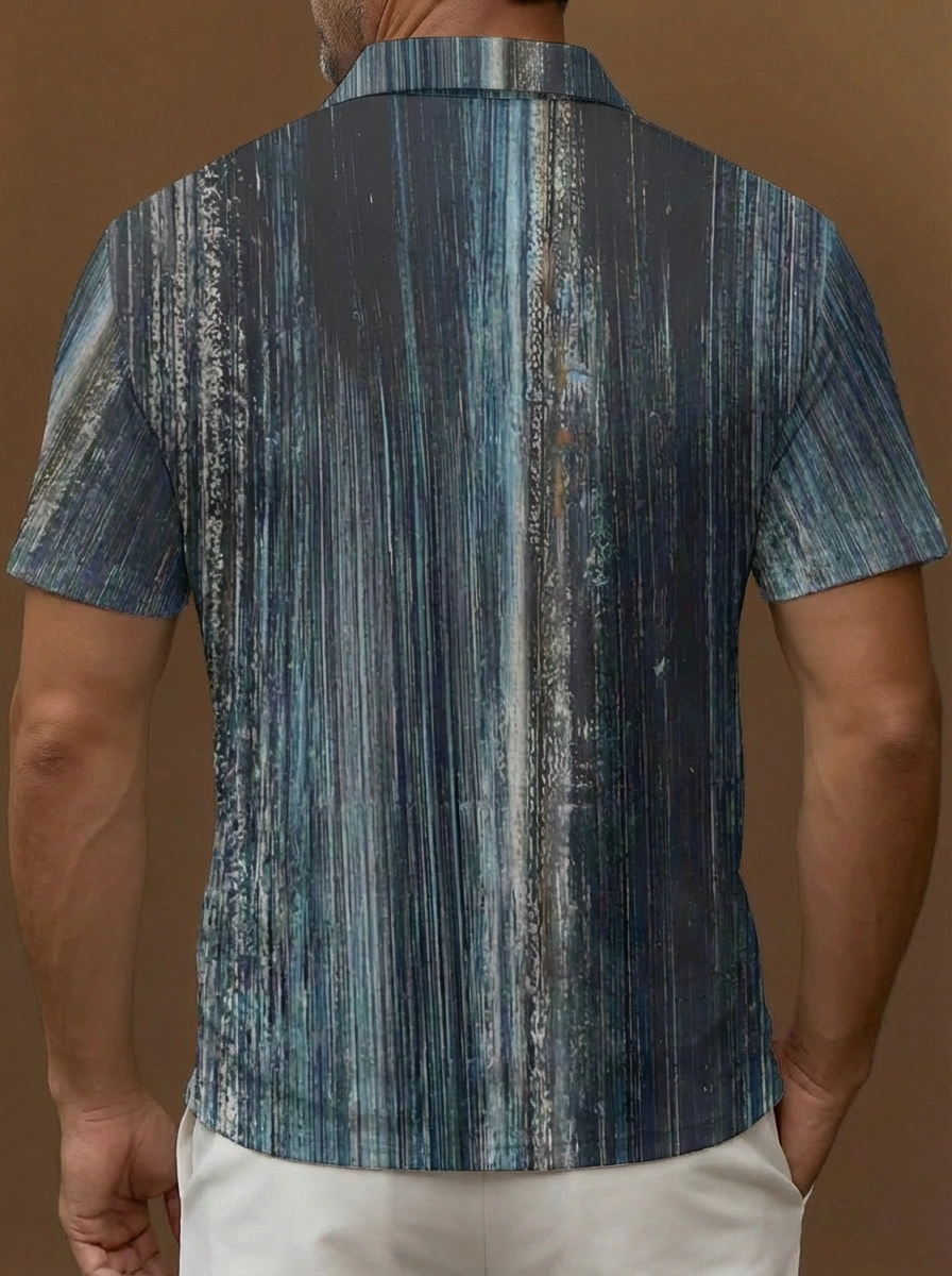 Dark Blue Light Blue Vertical Brushstroke Texture Pattern Button Short Sleeve Golf Polo Shirt