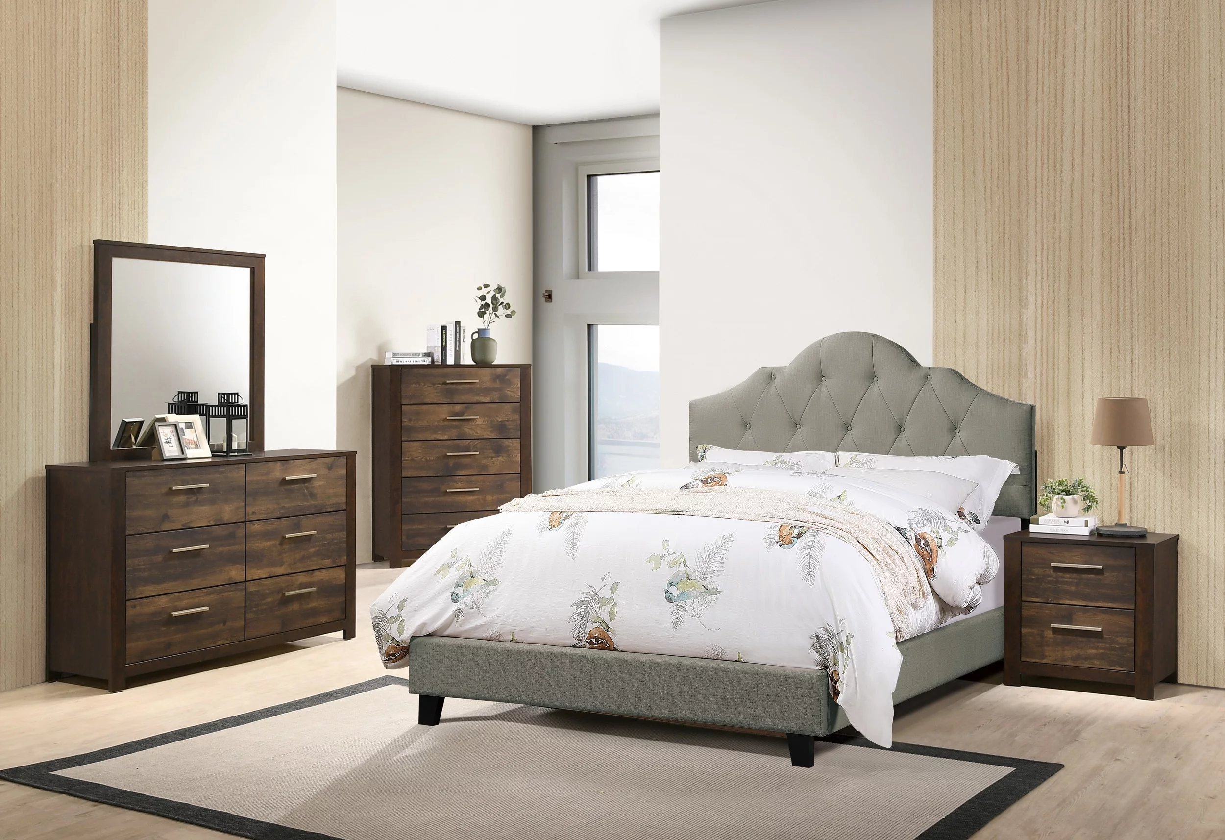 Modern Unique Adjustable HB Queen Size Bed Dresser Mirror Nightstand 4pc Set Grey Polyfiber Bedroom Bed