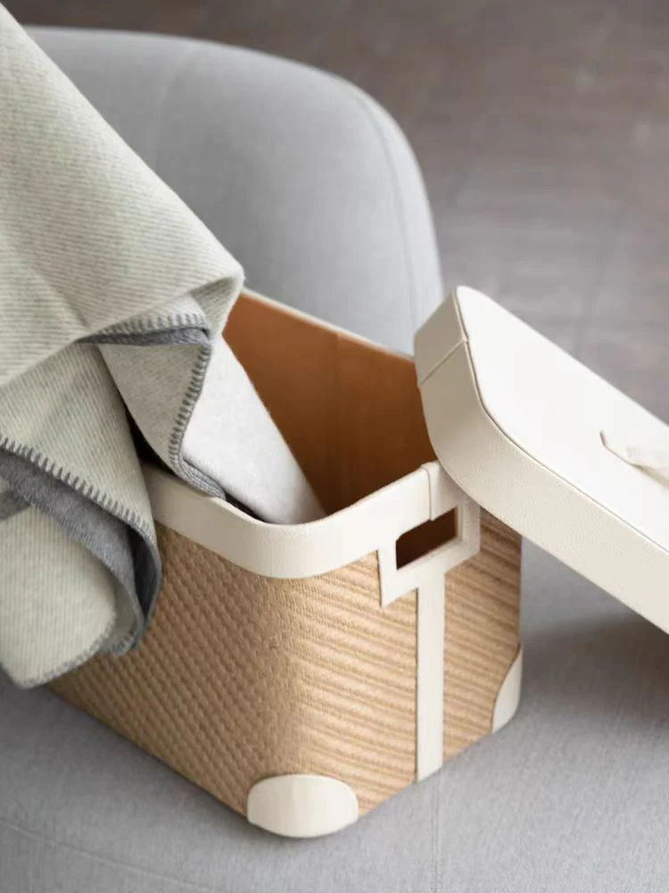 DC169 (Single) - Home Decor Hermès flax hand-woven Italian fine leather dirty clothes basket with lid, multi-purpose storage box