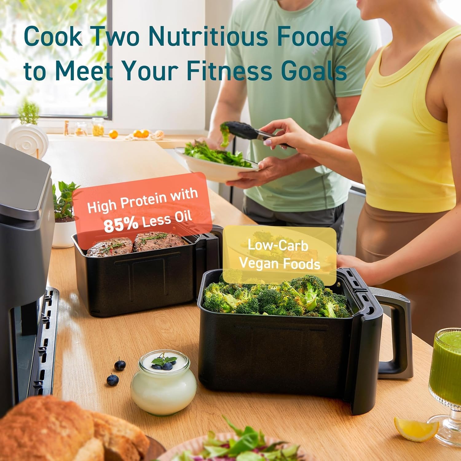 9Qt Dual Zone Air Fryer, 2-Basket Independent Cooking, Sync Finish, 12-in-1 Presets, LED Touch