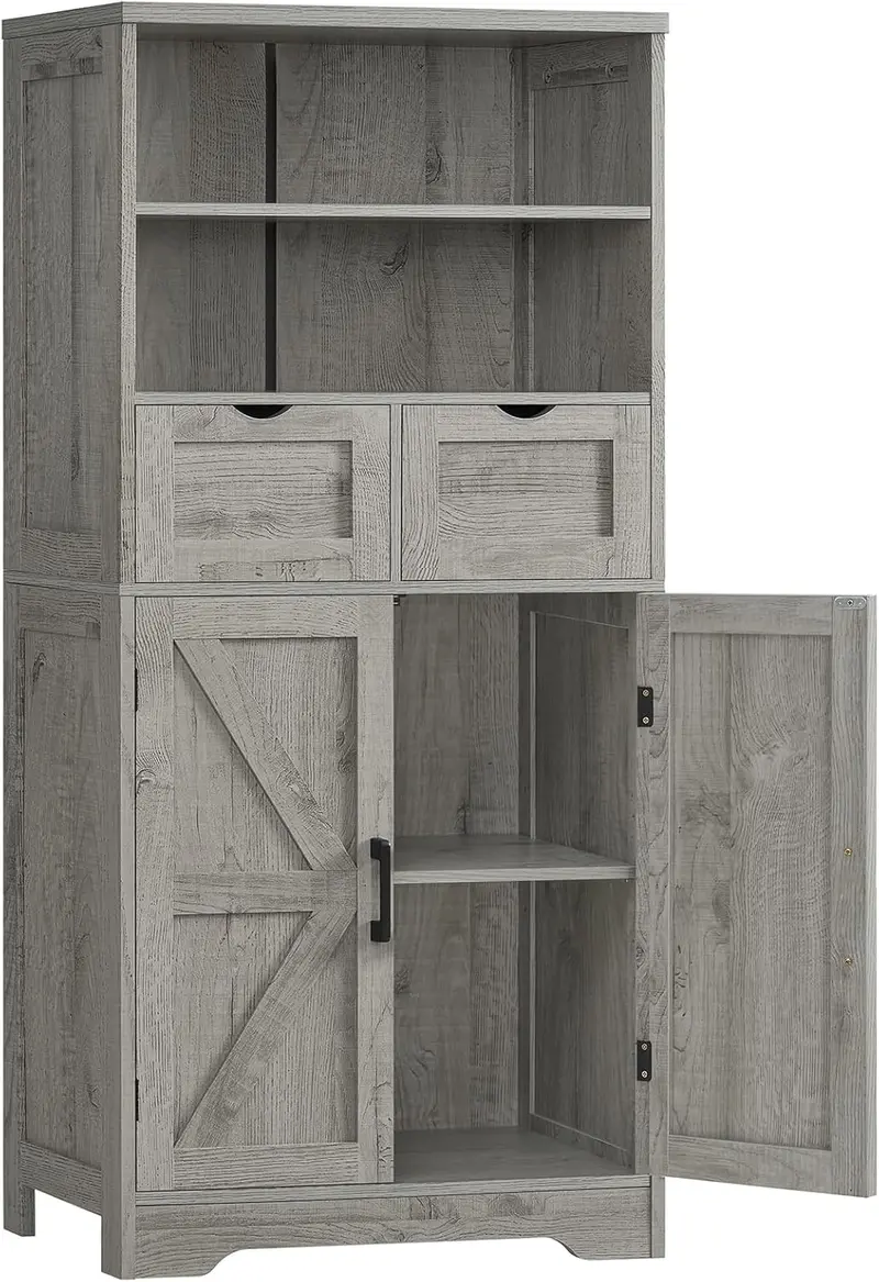 Versatile Farmhouse Storage Cabinet – Two-Drawer Pantry with Adjustable Interior Shelves, Suitable for Kitchens, Bathrooms or Entryways (White)
