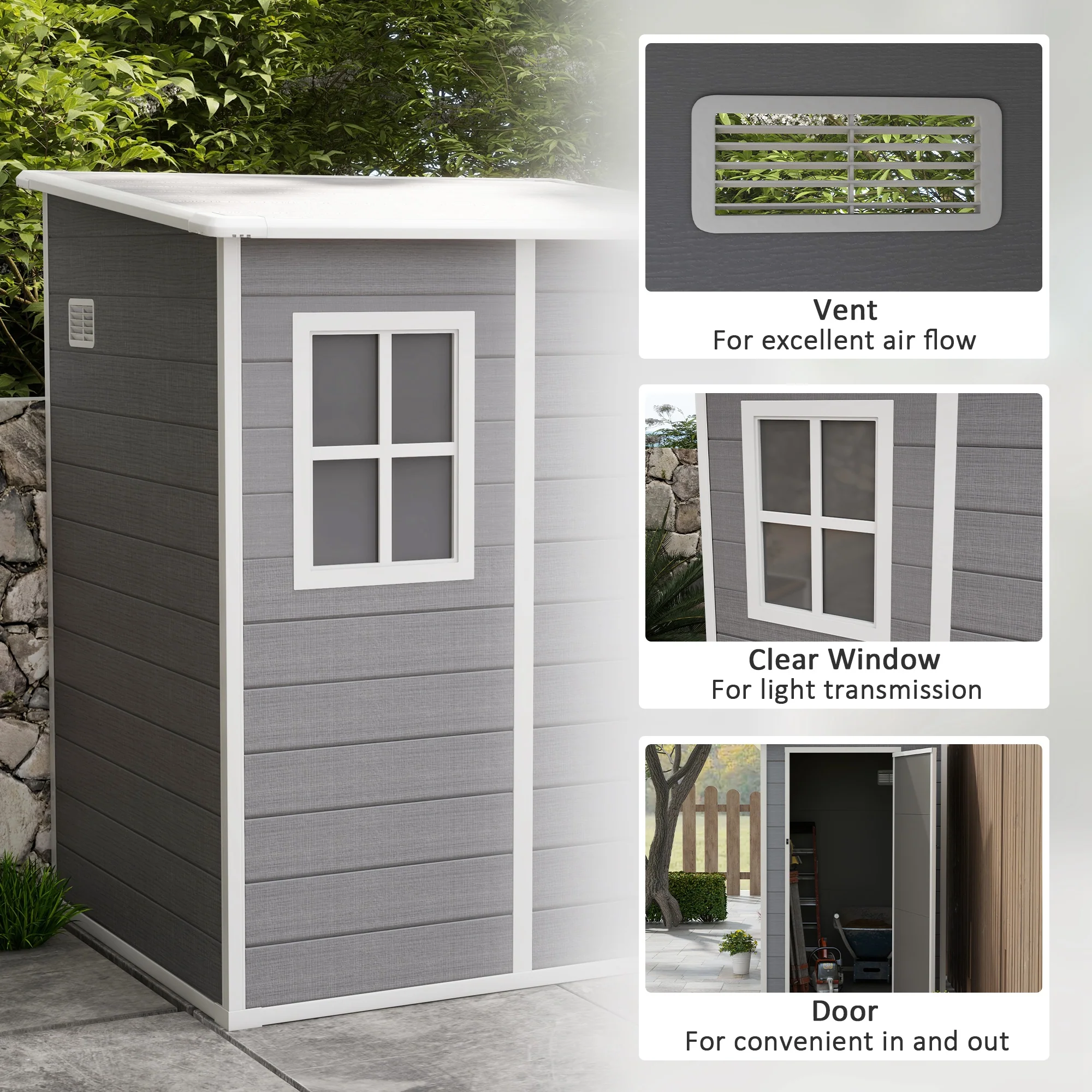 Outsunny Lean to Garden Shed 4'x5' Plastic Tool Storage House w/ Lockable Door