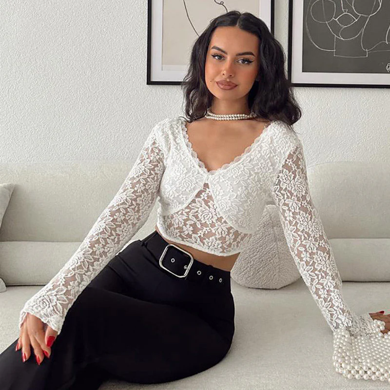 Sheer Floral Lace Cropped Top | V-Neck Long SleeveClistos