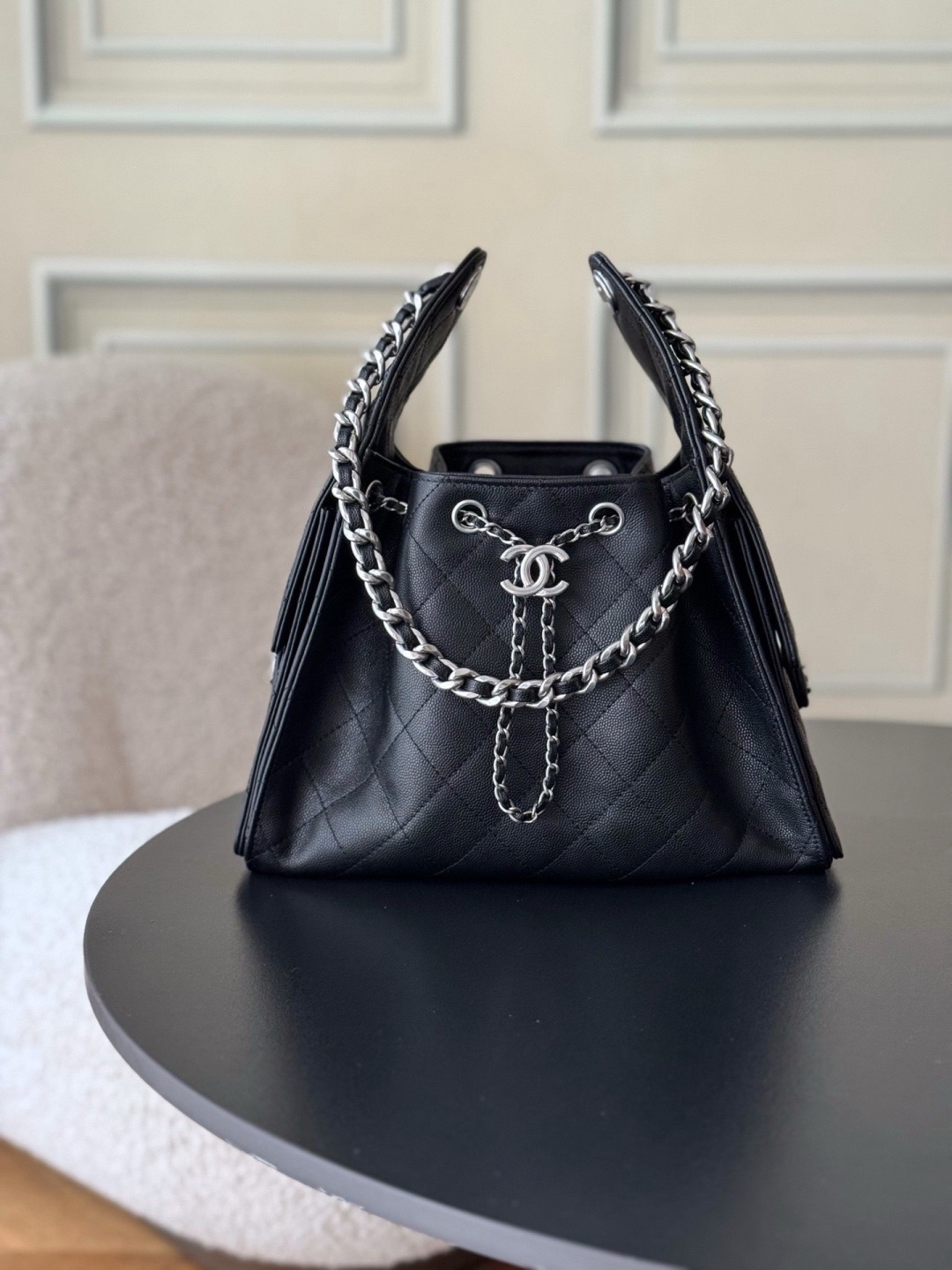Chanel 25bag 25C Caviar leather black & silver small