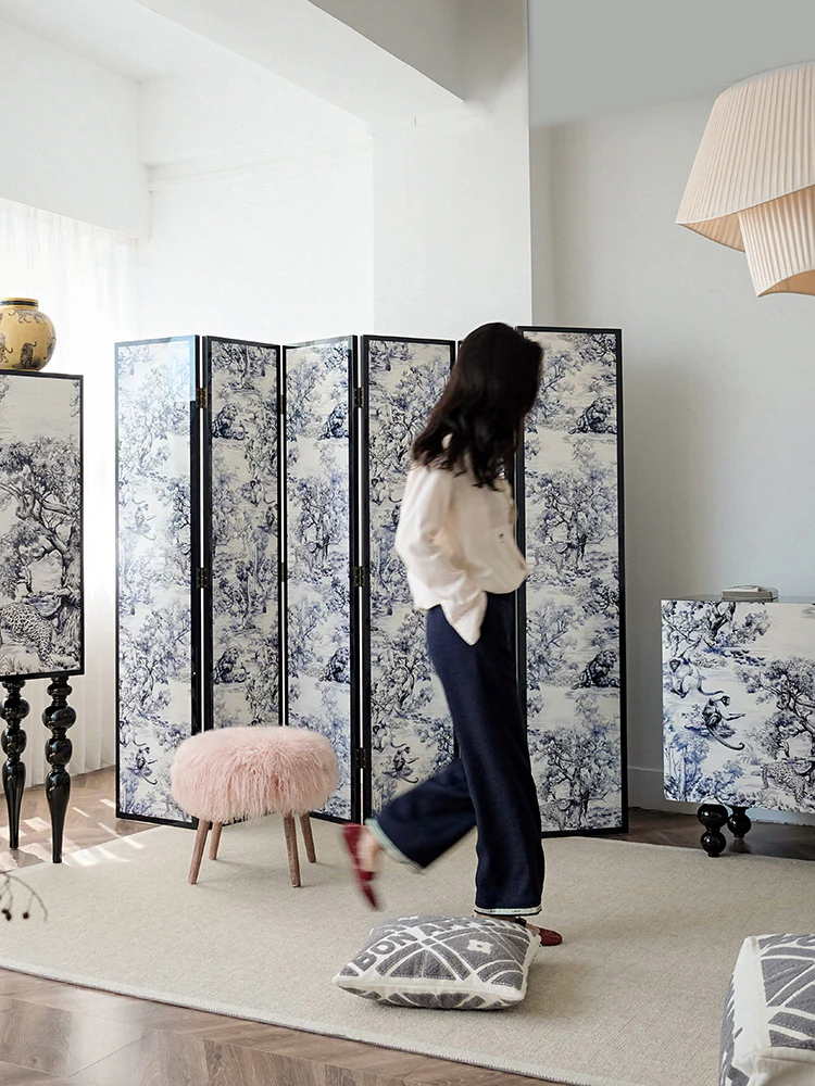 YA015 (4-Folder) - Di@r Maison Series Jungle Art Lacquered Wood French Screen Ink Blue and White New Chinese