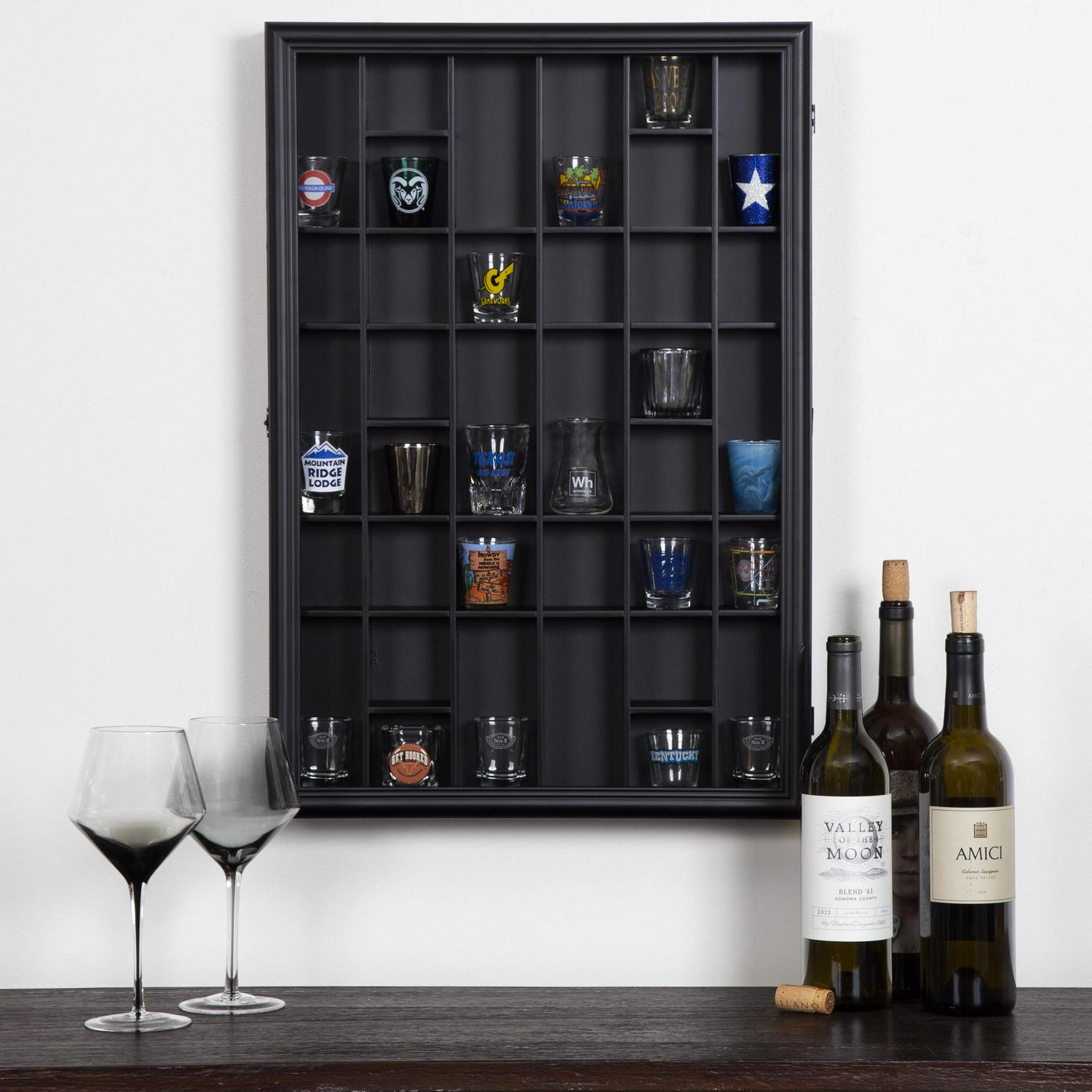 Gallery Solutions 17and#215;21 Shot Glass Display Case with Hinged Front, Black