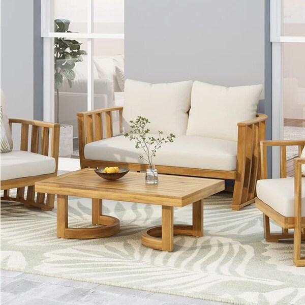 Outdoor Acacia Wood Loveseat and Coffee Table Set with Cushions,Teak,Beige