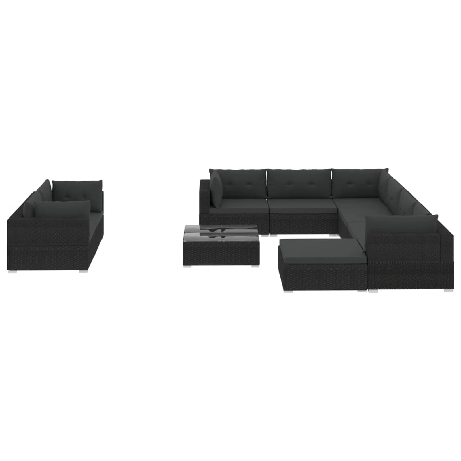 moobody 10 Piece Garden Conversation Set Cushioned 5 Corner Sofa and 3 Center Sofas with Ottoman, Tea Table Black Poly Rattan Sectional Outdoor Furniture Set for Patio, Backyard, Patio, Balcony