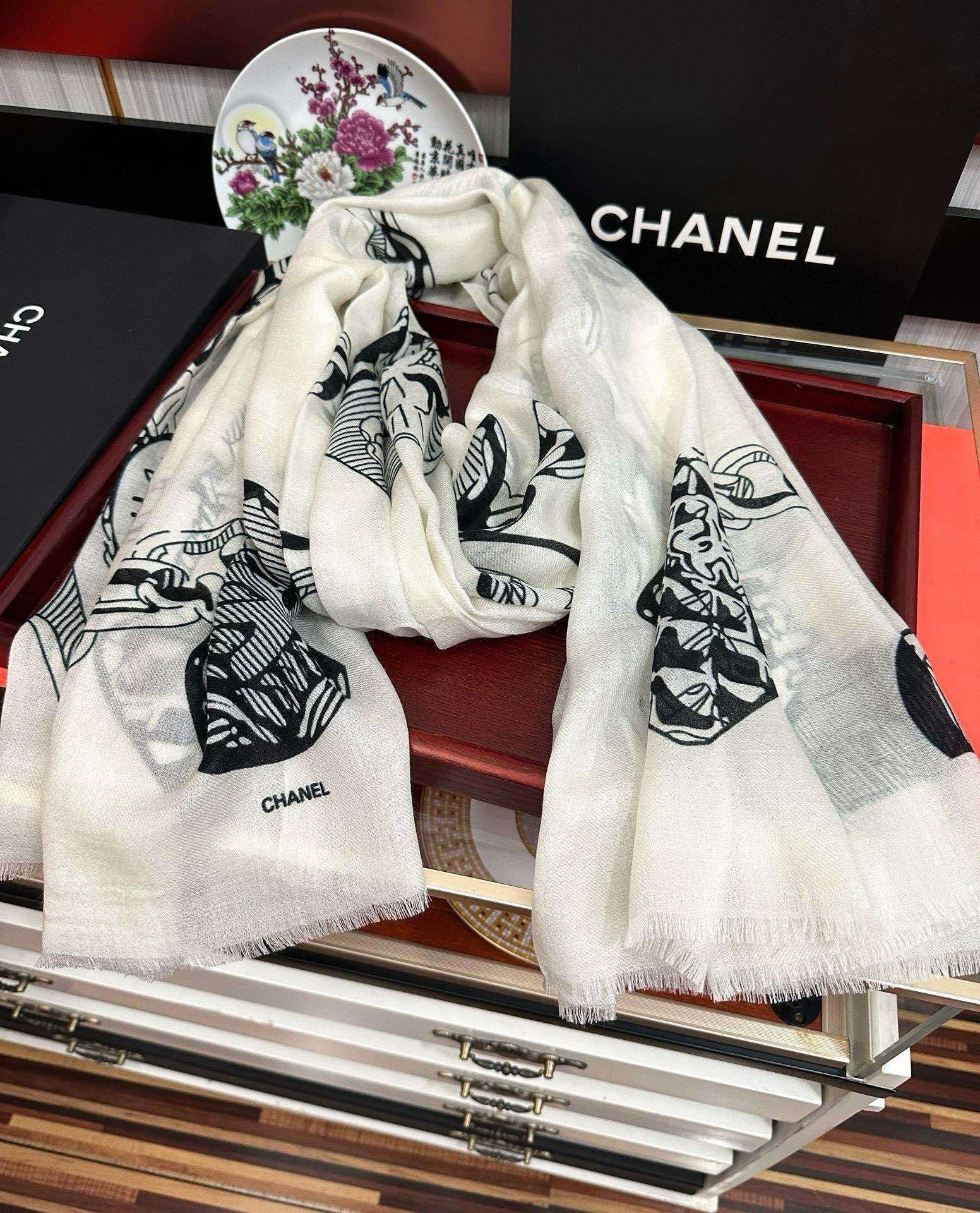 Chanel Silk Shawl Charm Chain Motif White For Women 200cm