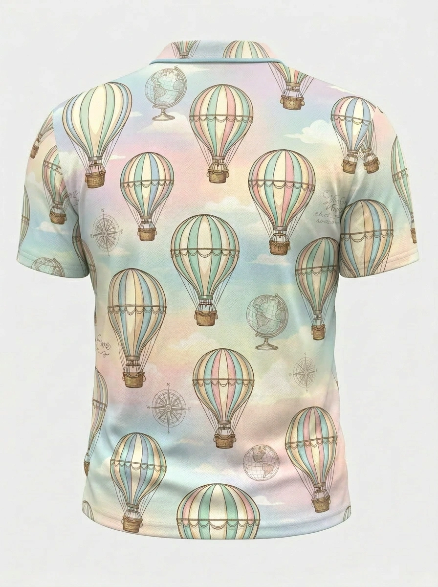 Moisture Wicking Golf Polo 3D Pastel Hot Air Balloon Button Short Sleeve Golf Polo Shirt