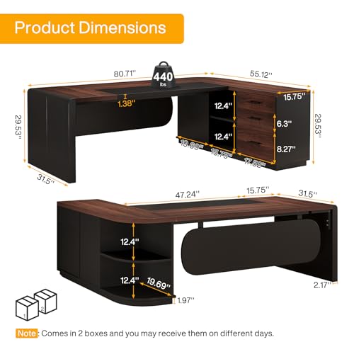 Tribesigns 80'' L-Shaped Desk, Large Executive Office Desk with 55'' Drawers Cabinet, Modern Computer Table with Storage Shelves, Business Furniture for Home Office, Walnut & Black