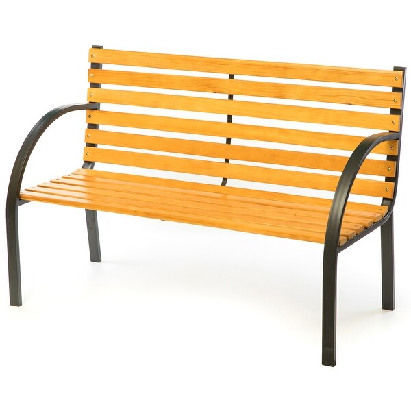 Classical Wooden Slats Outdoor Park Bench with Steel Frame,Seating Bench for Yard,Patio,Garden,Balcony,and Deck