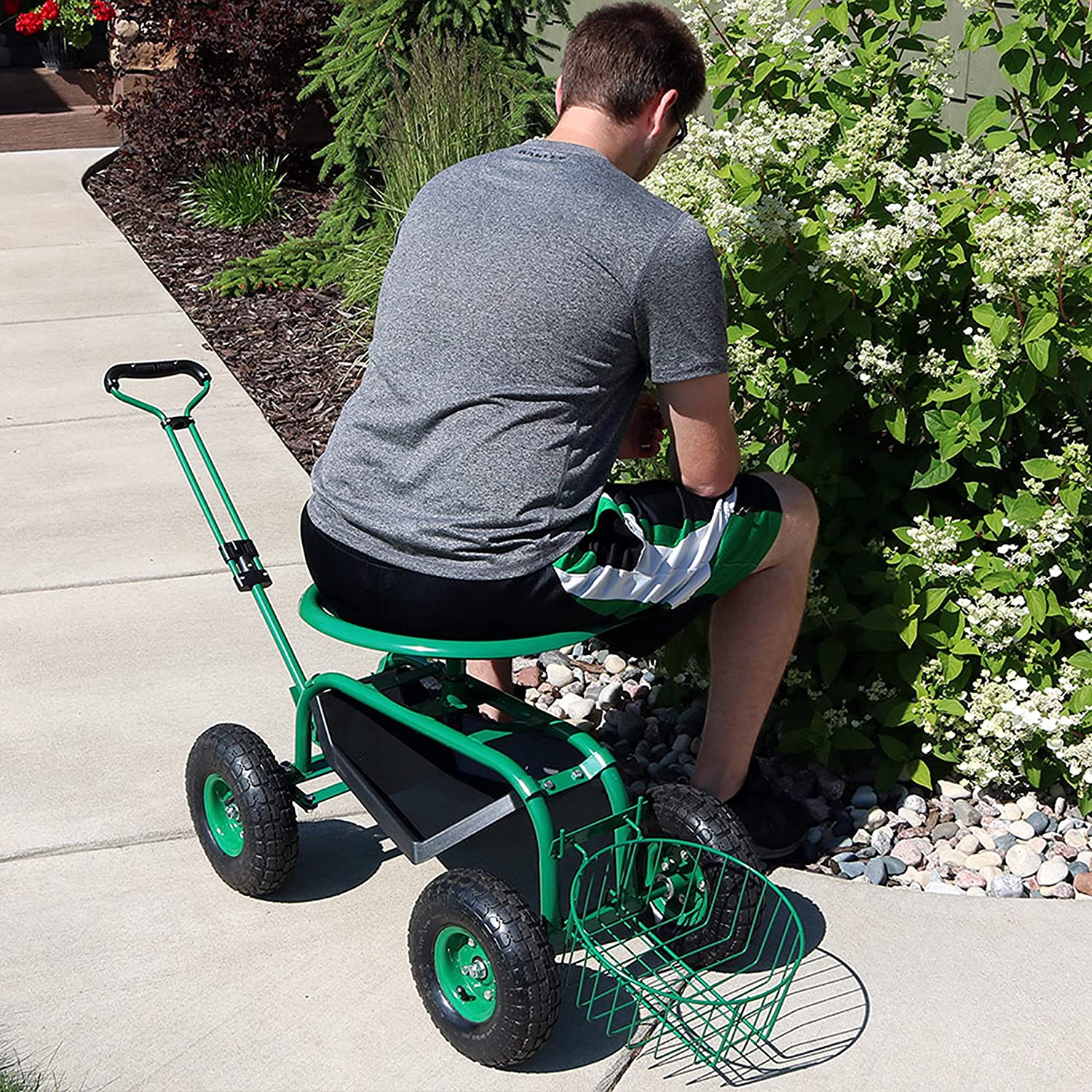 Sunnydaze Garden Cart Rolling Scooter with Extendable Steer Handle, Swivel Seat and Utility Tool Tray, Green