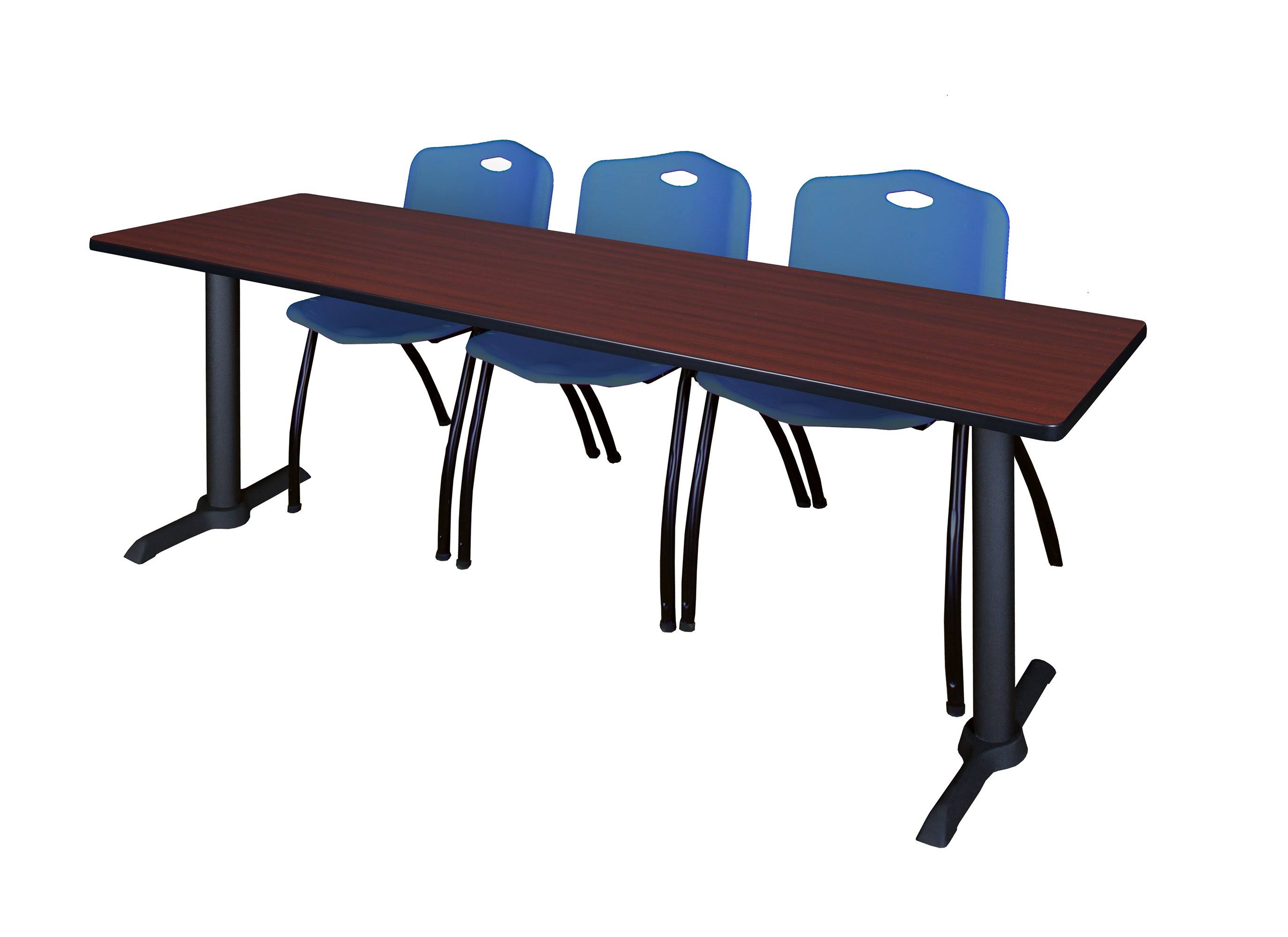 Regency Cain 84x22 x 24x22 Training Table- Mahogany u0026 3 &M& Stack Chairs- Blue