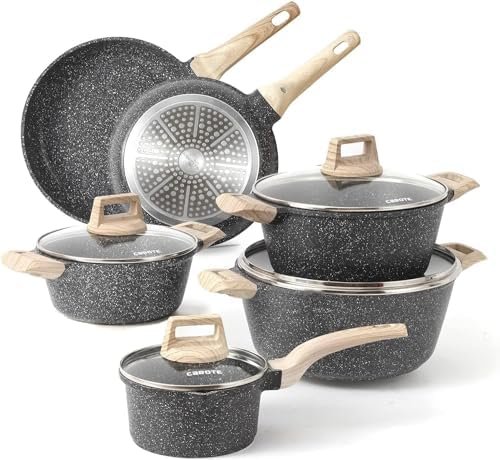 21pcs Pots and Pans Set Nonstick, Cookware Set Black Granite Induction Kitchen Cooking Set w/Frying Pans & Saucepans