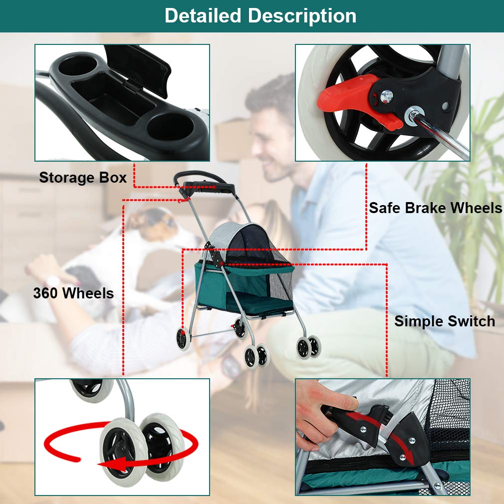 BestPet Pet Stroller Cat Dog Stroller Travel Folding Carrier,Teal