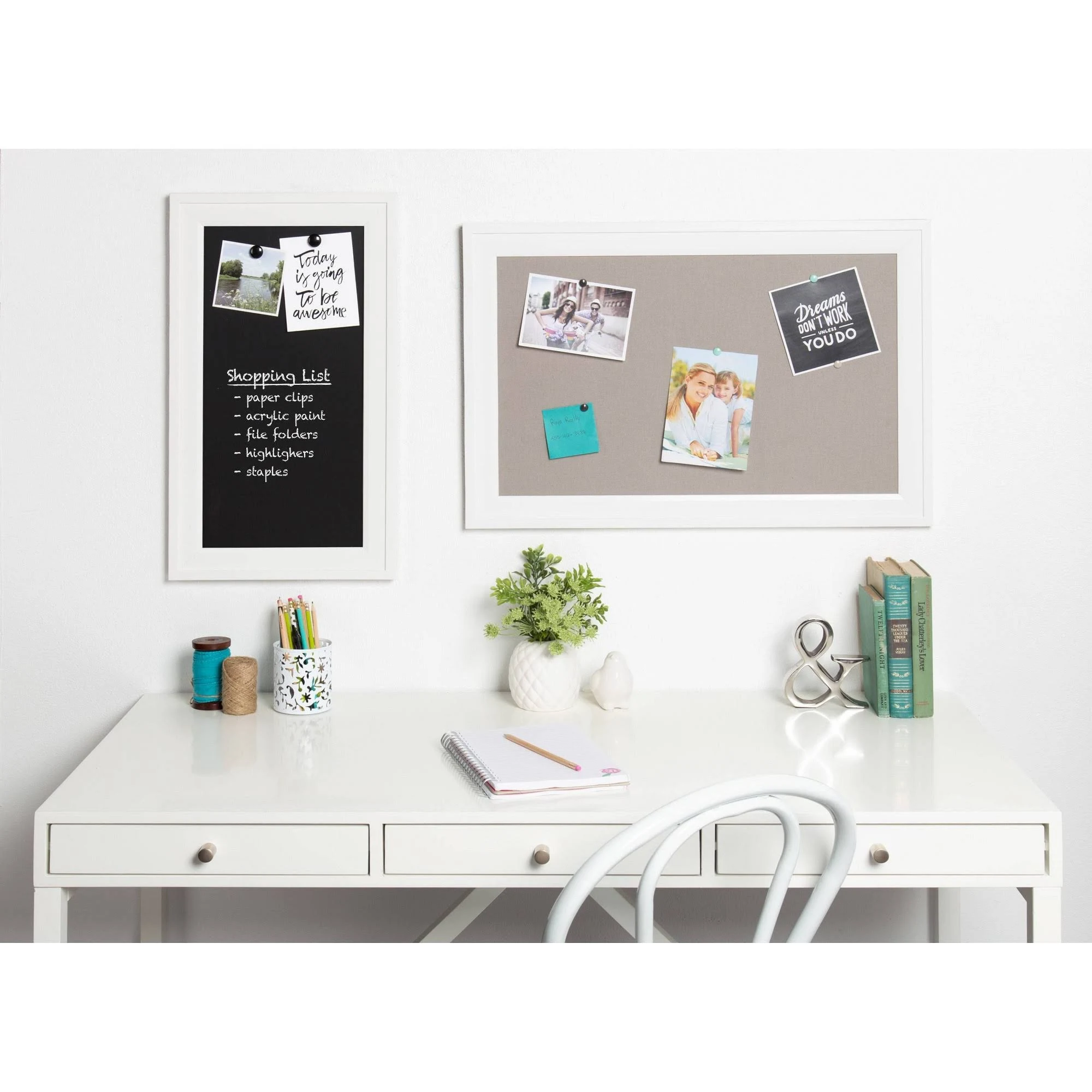 DesignOvation Bosc Framed Gray Linen Fabric Pinboard 18.5x27.5 White