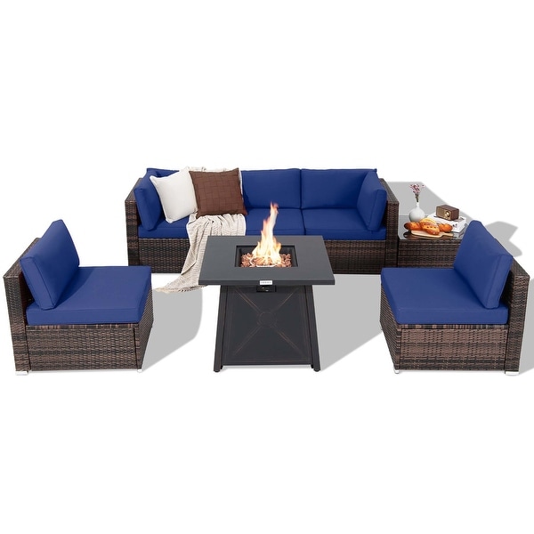 7PCS Patio Conversation Set Furniture Set w /50,000 BTU Fire Pit Table