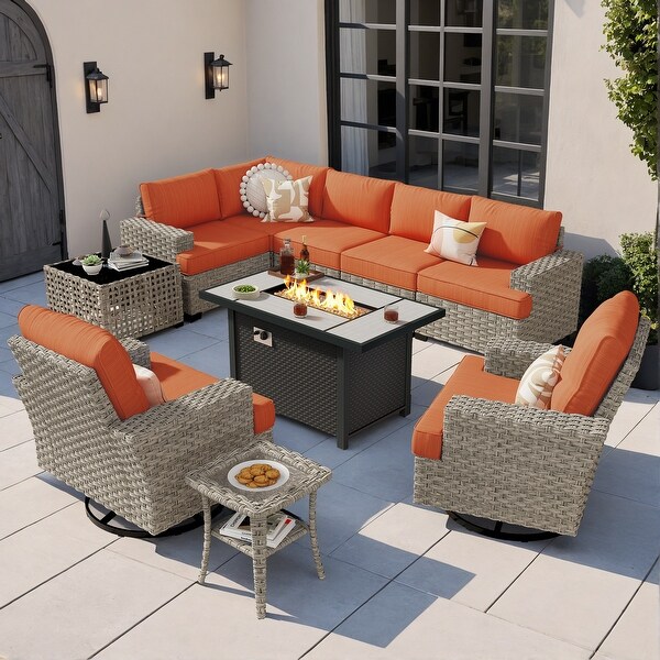 OVIOS 10 Pieces T shaped Seat Wide Armrest Swivel Chair Set With SolarPowered TableandFire Pit