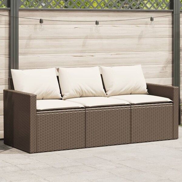 vidaXL Patio Sofa with Cushions 3Seater Brown Poly Rattan