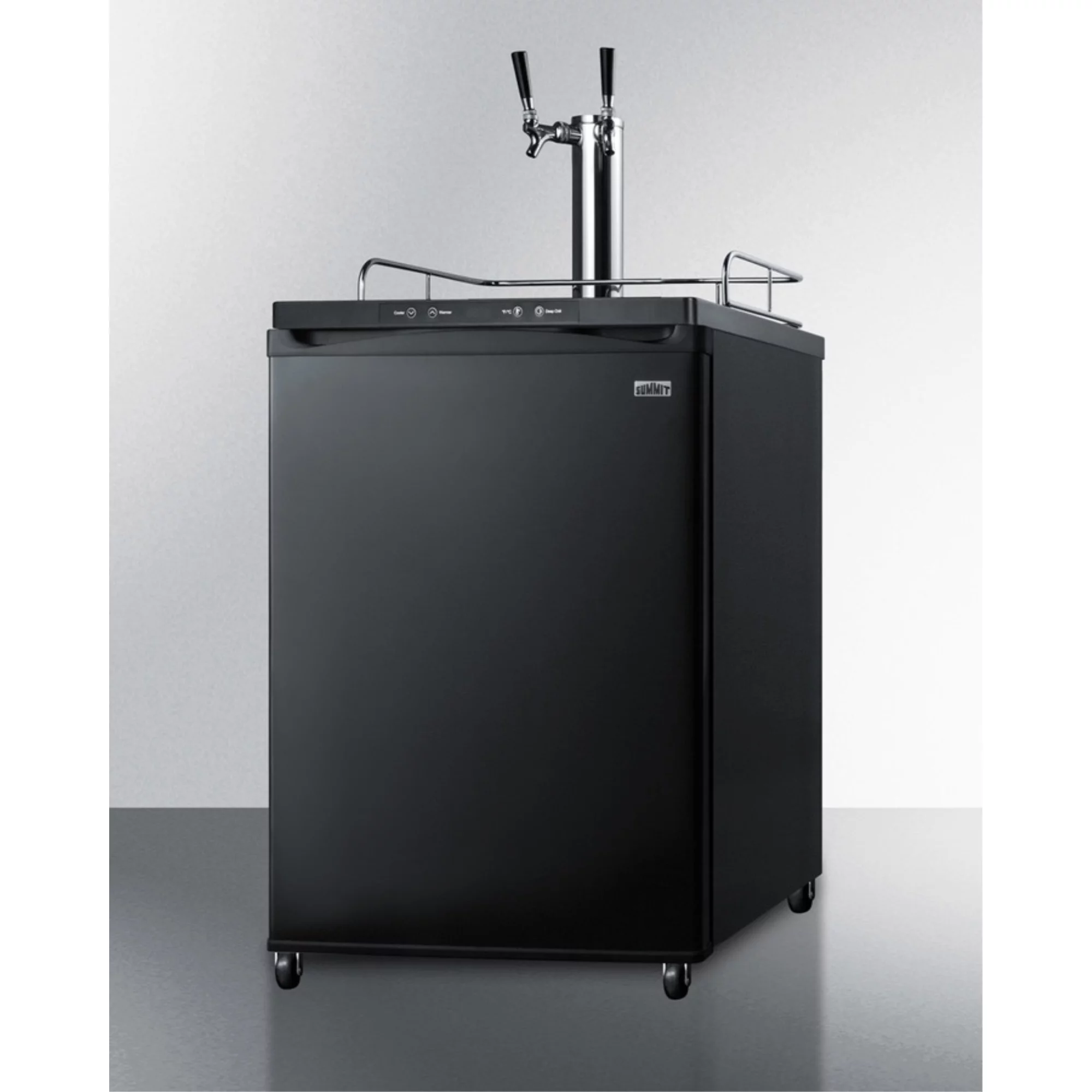 Freestanding commercially listed dual tap beer dispenser, auto defrost with digital thermostat and black exterior finish