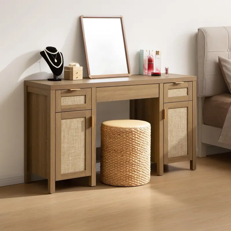 SICOTAS Rattan Dressing Table – 52-Inch Natural-Wood Vanity Desk