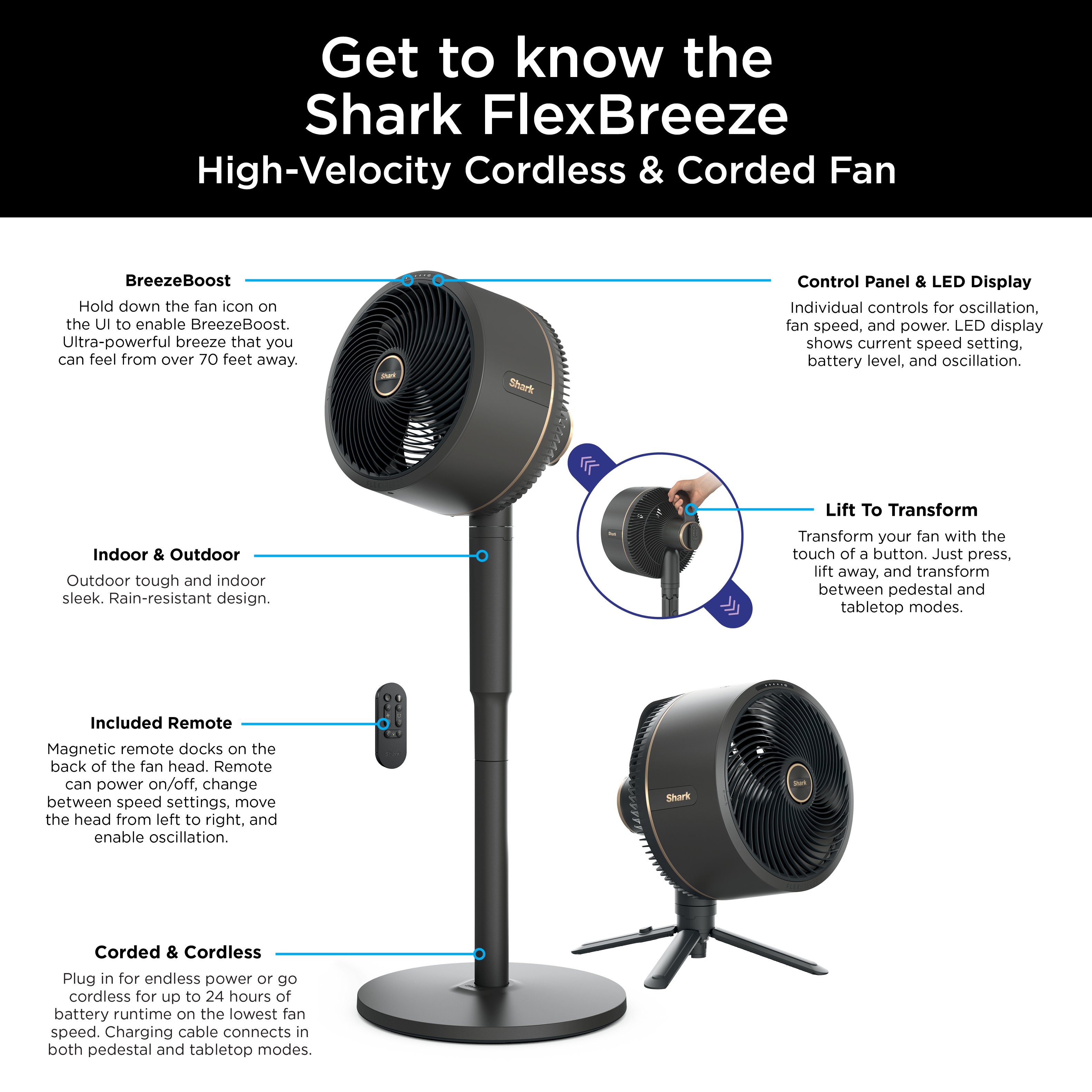 Shark - FlexBreeze Outdoor & Indoor Fan with InstaCool Misting Attachment, Cordless & Corded, Pedestal to Tabletop - Black