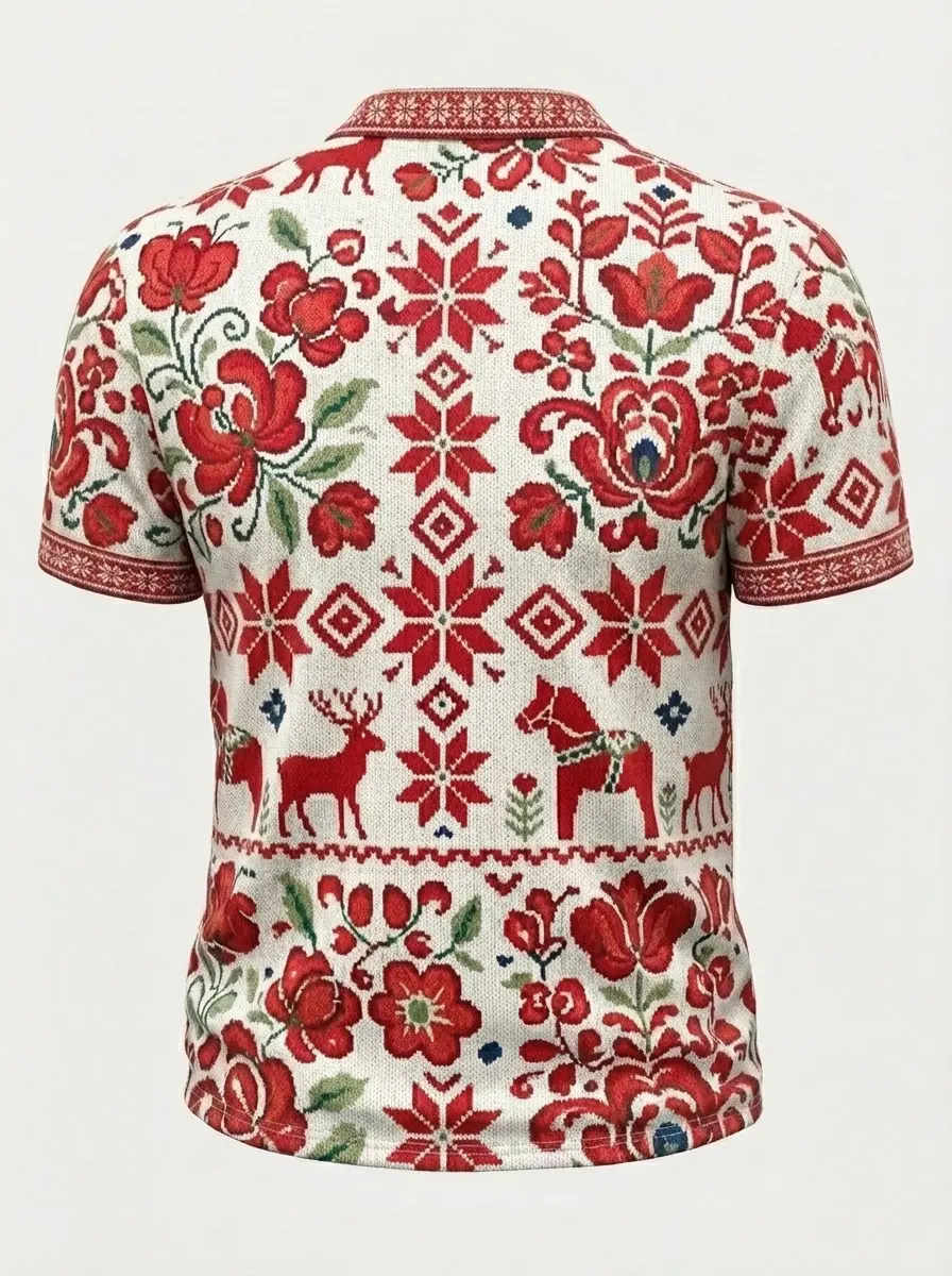 Moisture Wicking Golf Polo 3D Red White Nordic Folk Button Short Sleeve Golf Polo Shirt